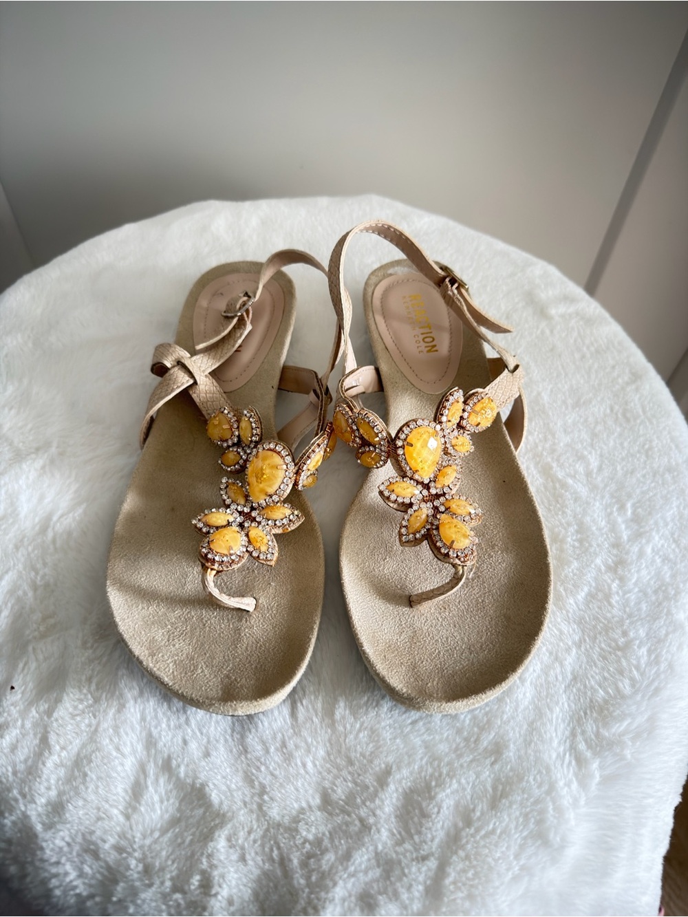 Kenneth Cole Gold T-Strap Sandals with Yellow Gem Floral Accents